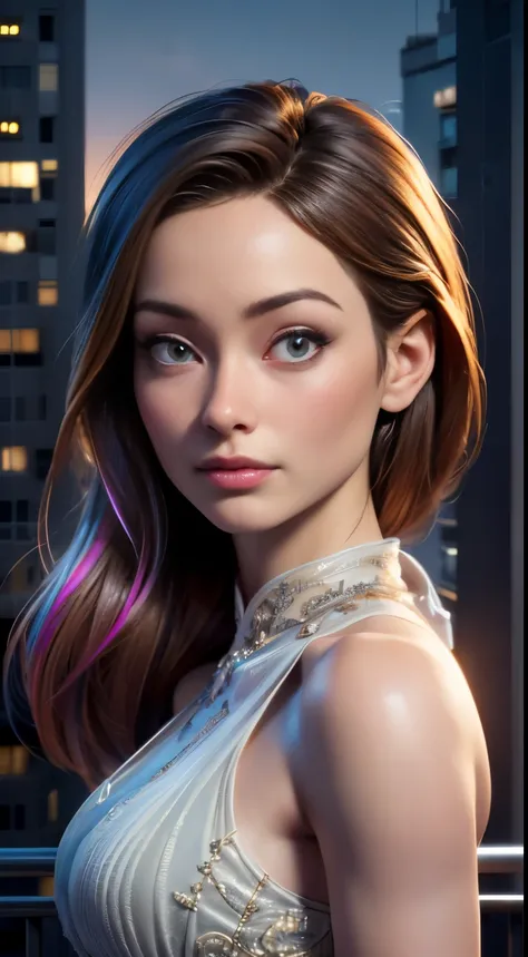 photo of Olivia Wilde, RAW, beautiful woman, ((portrait)), ((detailed face:1.2)), ((detailed facial feature, detailed skin, clear skin), (perfect proportioned body), (wearing a colorful dress) (high detailed city environment, apartment balcony), (realistic...