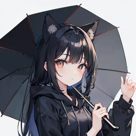 Asian girl with black cat ears holding an umbrella in the rain