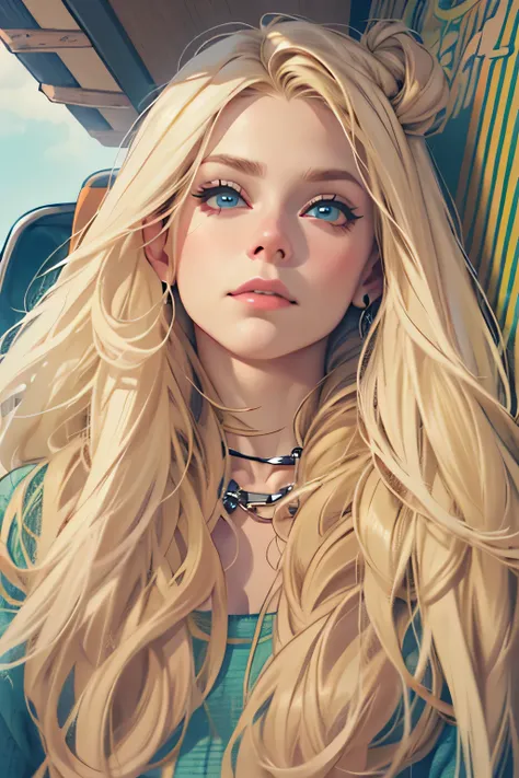 blonde woman sitting on surfboard with a tie on her neck, avril lavigne, erin moriarty, with very long blonde hair, long blonde hair and large eyes, with long hair and piercing eyes, with long blond hair,  with long blonde hair, ava max, absurdly long blon...