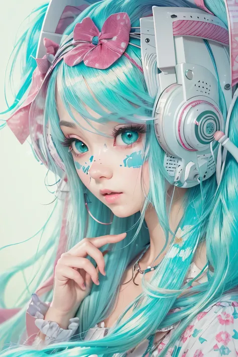 there is a woman with blue hair and a white shirt, hatsune miku , portrait of japanese gyaru, mikudayo, miku, kerli koiv as anime girl, anaglyph effect ayami kojima, belle delphine, long cyan hair, with long turquoise hair, inspired by Fujiwara Takanobu, a...