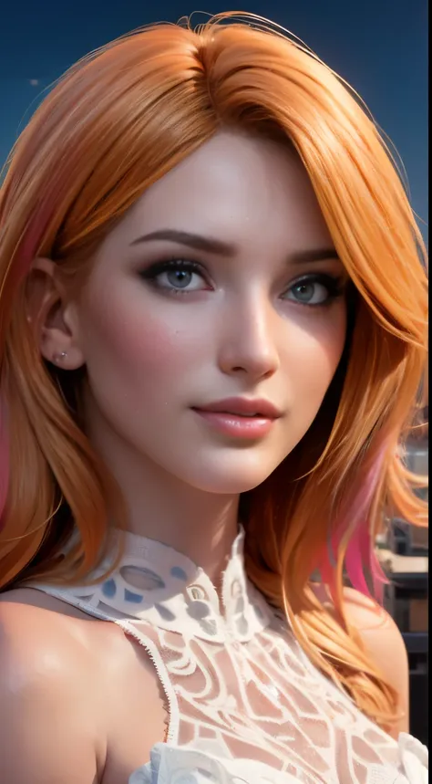 photo of Bella Thorne, RAW, beautiful woman, ((portrait)), ((detailed face:1.2)), ((detailed facial feature, detailed skin, clear skin), (perfect proportioned body), (wearing a colorful dress) (high detailed city environment, apartment balcony), (realistic...