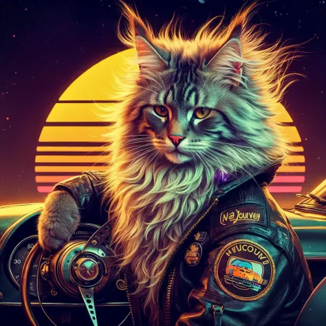 Close-up of a cat wearing a leather jacket and a motorcycle helmet, cyberpunk cat, Synthwave art, jen bartel, epic Retrouve art, Synthwave art style ]!!, Synthwave art style, masterpiece epic Retrouve art, Style 8 0s Tomáš Alain Kopera, Retrouve art, furry...