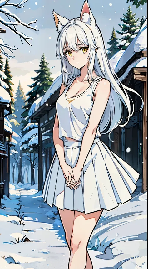 1girl,solo,medium breasts,mature female,((white sleeveless and shoulderless t-shirt,cleavage)),(((white pleated skirt,bare feets))),silver hair,long hair,yellow eyes,fox ears,((snow,in forest,hands together)),looking to the viewer,sad,standing,from front