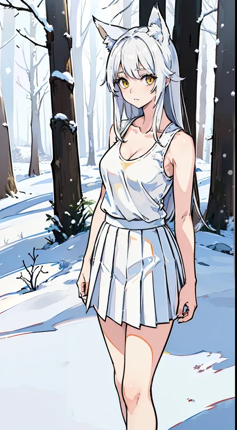 1girl,solo,medium breasts,mature female,((white sleeveless and shoulderless t-shirt,cleavage)),(((white pleated skirt,bare feets))),silver hair,long hair,yellow eyes,fox ears,((snow,in forest,hands together)),looking to the viewer,sad,standing,from front