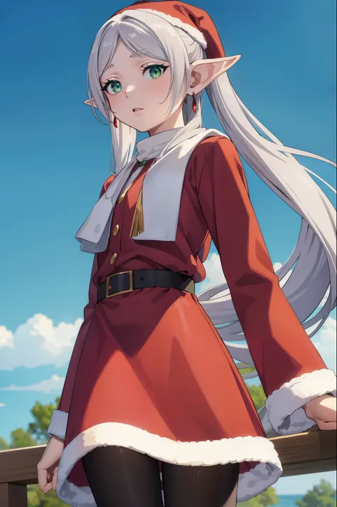 frieren, long hair, twintails, (green eyes:1.5), grey hair, pointy ears, elf,
BREAK jewelry, pantyhose, earrings, black pantyhose,santa clothes,santa hat,santa costume,red dress,
BREAK looking at viewer, cowboy shot,
BREAK outdoors, sky, nature,
BREAK, (ma...