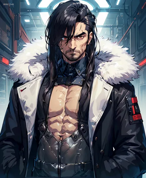 (masterpiece, best quality, high quality), aged up,  man, daddy, ((unimpressed,mafia, futuristic plugsuit, fur-trimmed coat,muscular)), looking at viewer, black hair, (long hair, disheveled hair), red eyelowing hair,