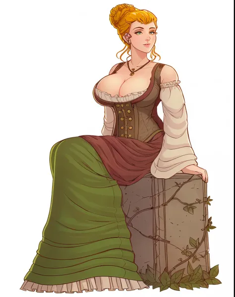 a cartoon image of a woman in a green dress sitting on a rock, commission for high res, alluring mesmer woman, beautiful maiden, medieval princess, flat cel shading mucha, d & d style full body portrait, in the art style of bowater, succubus in sundress po...