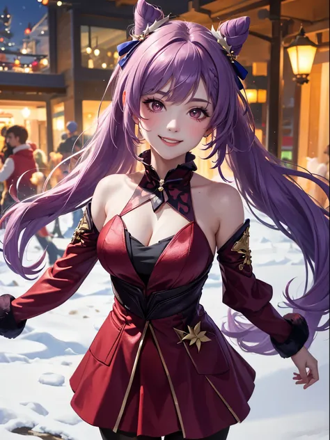 1 girl,Winter, Christmas, red fur coat, purple hairs, Keqing, smiling