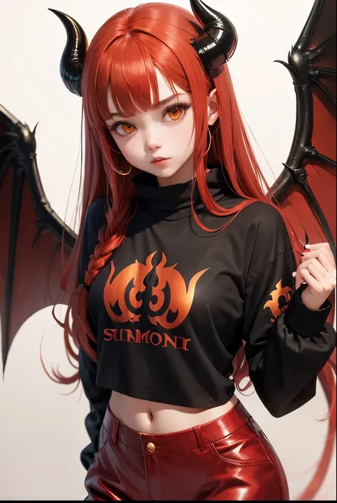 cute girl, satan, Red hair, Demon tail, Gold clothes, Black wings, baggy pants