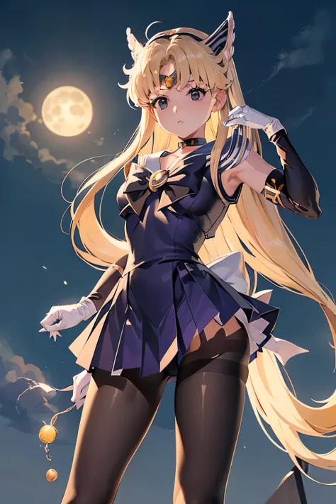 masutepiece, Best Quality, 1girl in, (lease),a blond, (black eyes:1.2),((Sailor Senshi))、((a miniskirt))、((embarassed expression))、((fullmoon))、((Photo from below))、((pantyhose))、((Long))、((White Long Gloves))、((pumps))