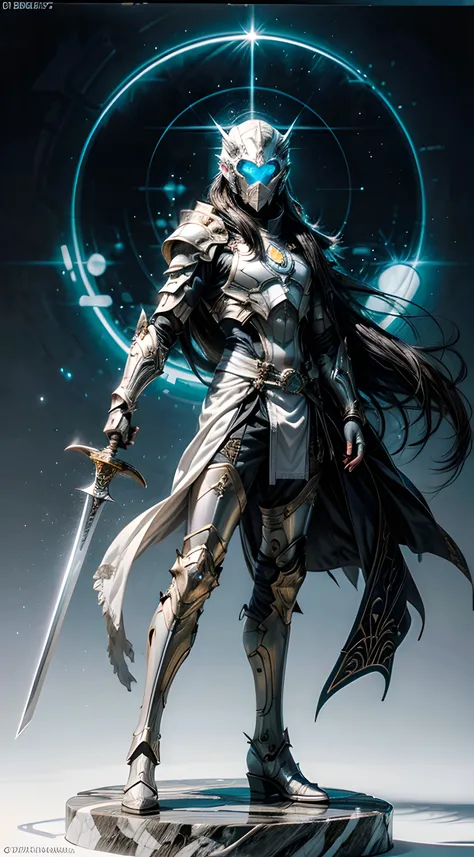 Amazing and pure human figure in all-white futuristic armor(clan,Marble) Holding a light sword in his hands(Glow) and with a white futuristic technology mask, Pure white background with sci-fi round shapes