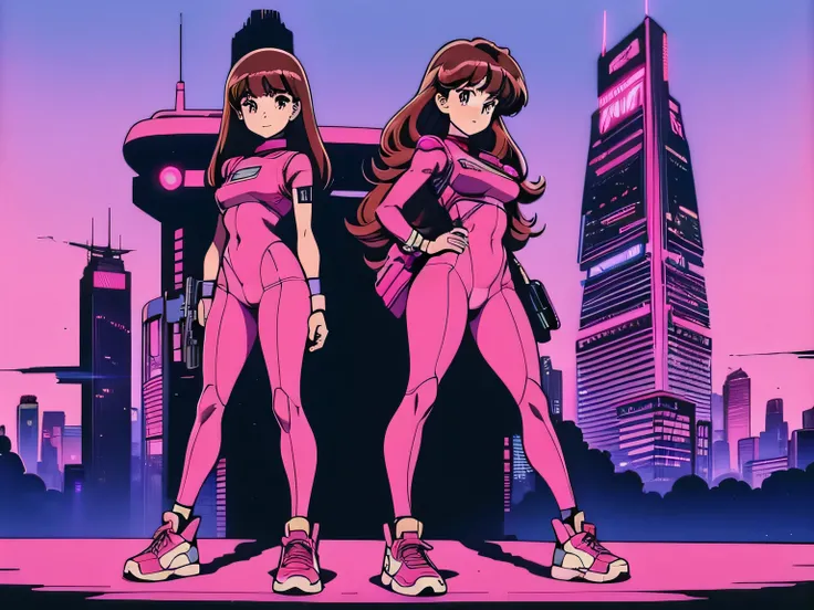 90s vintage anime, scifi, futuristic, surrealism, akira style, pink body suit, detailed line art, fine details, Best quality, 1 girl, holding cigarette, long brown hair, brown eyes, sneakers, futuristic guns, bangs, medium breast, standing, slim, smile, wi...