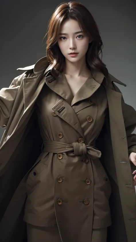 (the Extremely Detailed CG Unity 8K Wallpapers,masutepiece, Best Quality, Ultra-detailed), Gray background, Japan Female, 20 years old, large full breasts, dark brown hair、 bobhair, trench coat