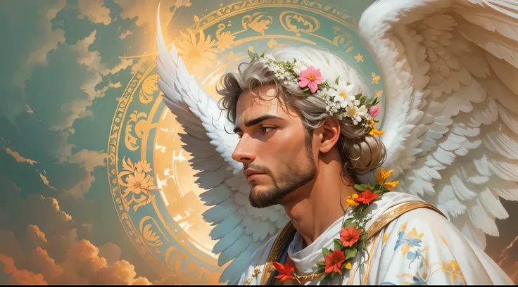 Closeup of an image of a man angel praying and blessing, arcanjo homem com asas grandes, o anjo da fortuna, perfeito, Reslistic, Biblical setting, celestial scenery, sol e nuvens ultras realistas, flores e velas, illuminated archangel of heaven, Passes em ...