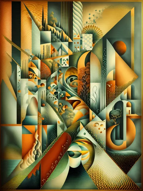 Crear una pintura que combine los estilos del surrealismo, Modernismo, cubismo, y art deco, con influencias del constructivismo y el minimalismo. The painting must be a representation of the artists interpretation of the world., using a combination of abst...