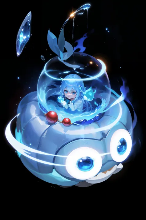 Blue flame that has a face on it, slimy shiny reflective joy, a friendly wisp, luminous blue fire elemental, magic heart, mana flame flowing around it, radiant slime trail, mobile game art, adorable glowing creature, the orb of dreams, watery crystal glow ...