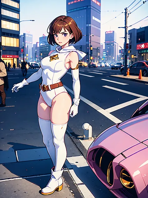 1girl, medium breasts, leotard, white and red leotard, bare legs, tight belt, gold belt, boots, matching boots, ankle boots, white boots, gloves, white glove, city backdrop, tokyo city backdrop, solo, single, hands on hip, standing, full body shot, cowboy ...