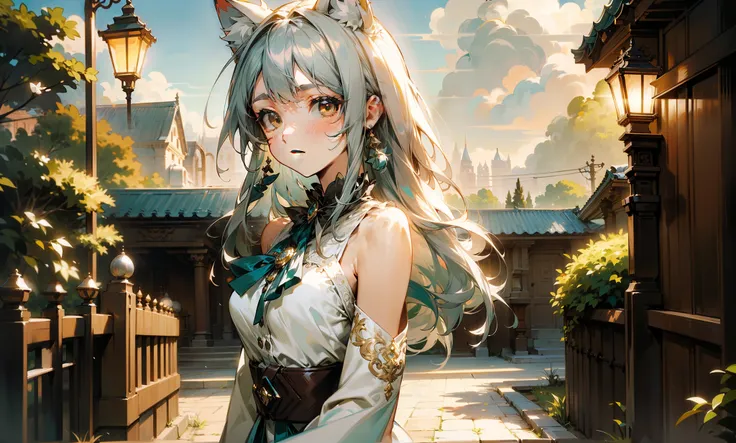 A (((dressed in a elegant white dress))), with (((long flowing gray teal hair))), (((brown eyes))), and (cat ears) that give off a distinctly anime vibe, standing confidently in front of ividly colored, ornate gate), as if posing for a beautiful illustrati...