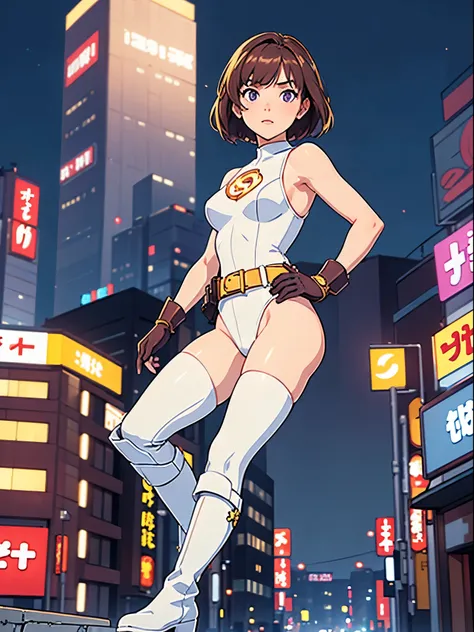 1girl, medium breasts, leotard, white and red leotard, bare legs, tight belt, gold belt, boots, matching boots, ankle boots, white boots, gloves, white glove, city backdrop, tokyo city backdrop, solo, single, hands on hip, standing, full body shot, cowboy ...