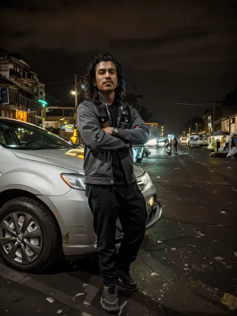 cyberpunk, sci-fi, night citylights, there is a man standing next to a car on the side of the road, standing in road, standing in township street, standing in a township street, standing in street, very artistic pose, at a city street, full body photogenic...