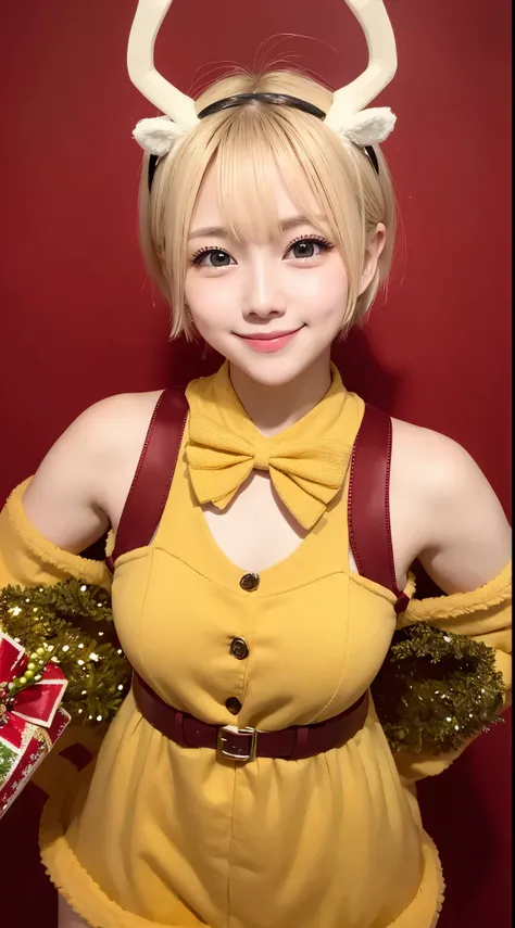 she has short blonde hair、Yellow eyes、a smile、wearing a reindeer costume、Christmas Background、