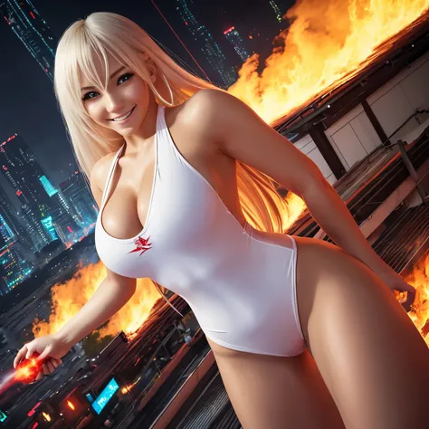 Russian blonde woman controlling fire with macabre smile and burning eyes in a Japanese cityscape wearing a white swimsuit flying in the sky at dawn under heavy rain, wearing a white swimsuit with red details, focus on the sky, heavy rain, gloomy dawn, bur...