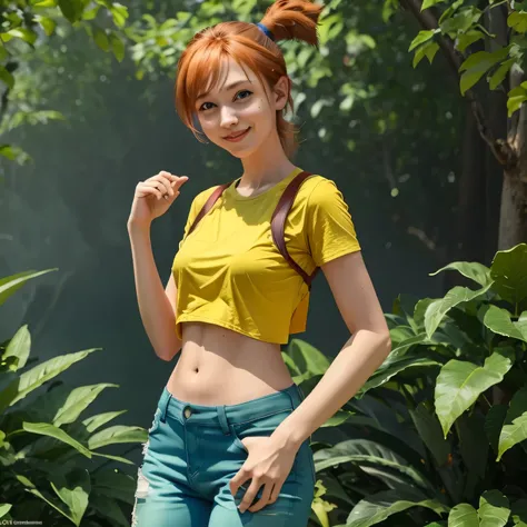 a girl , misty((pokemon)), photorealistic photo, 1 girl, wearing short jean, yellow t-shirt, orange hair, green eyes, perfectly ...