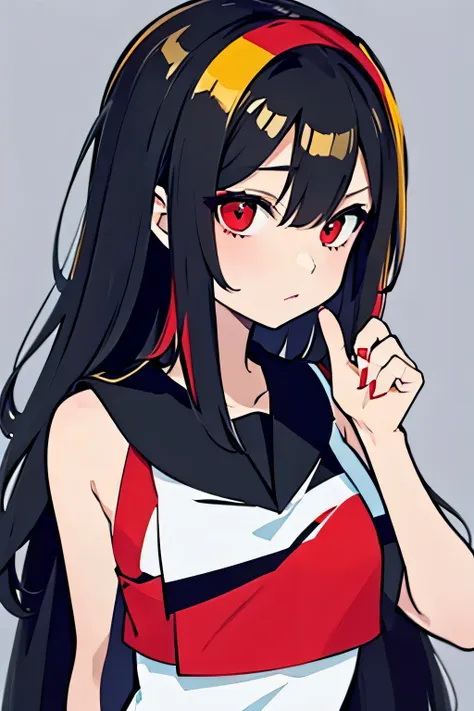 tall girl with red eyes wearing a schoolgirl outfit with red and black colors that has a fire flames design