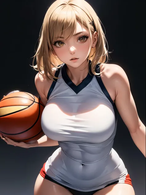 (Best Quality, masutepiece),ultra detailed photographic,1girl in, female basketball athlete ,Large breasts,nice legs,At the basketball venue,Detailed beautiful face,Beautiful eyes,detailed hairs,detailed  clothes,Detailed realistic skin,Cool,Dynamic Angle,