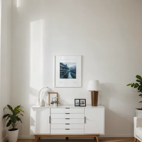 Mockup of Three Art Prints in a Modern Living Room, one frame
, White Wall, White Background