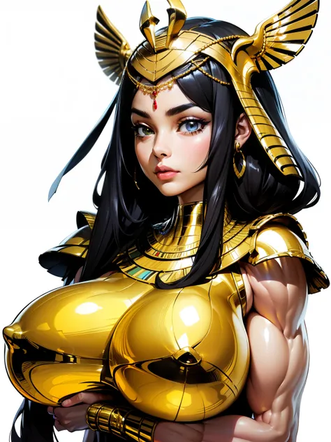 ((side profile)), ((body view:1.2)), ((masterpiece)),(((best quality))), ((egyptian empress, mature face)), ((middle eastern eyes:1.4)), (((black hair)), defined cheekbones, high cheekbones, illustration, ((muscular:1.3)), ((gold:1.4)), sexy bimbo, (gigant...