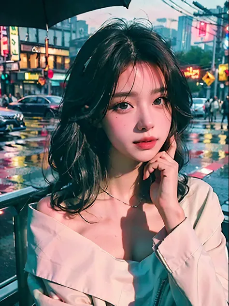 randome pose, mix4,(8K, Raw photo, Best Quality, masutepiece:1.2), (Realistic, Photorealsitic:1.37),1girll,Cute,Cityscape, Night, Rain, Wet, Professional Lighting, photon maping, Radio City, Physically-based rendering,, Gradient Black Color Hair,, White ha...