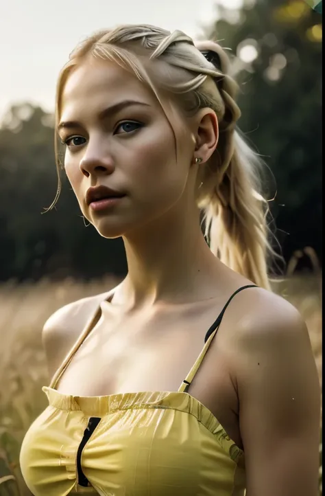 photorealistic,realistic, solo, photorealistic, best quality, ultra high res, 1girl,, , blonde hair in a ponytail, wearing a yellow sundress, breeze blowing through the grass,, , 1girl,, beautiful, masterpiece, best quality, extremely detailed face, perfec...