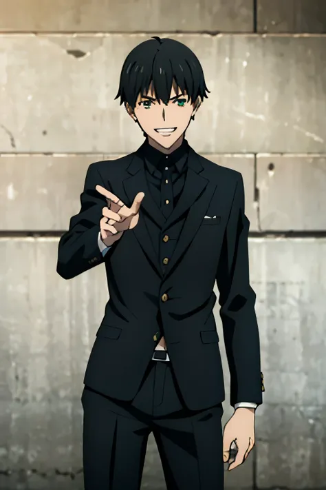 1boy, black hair, green eyes, bobcut, black suit, grin