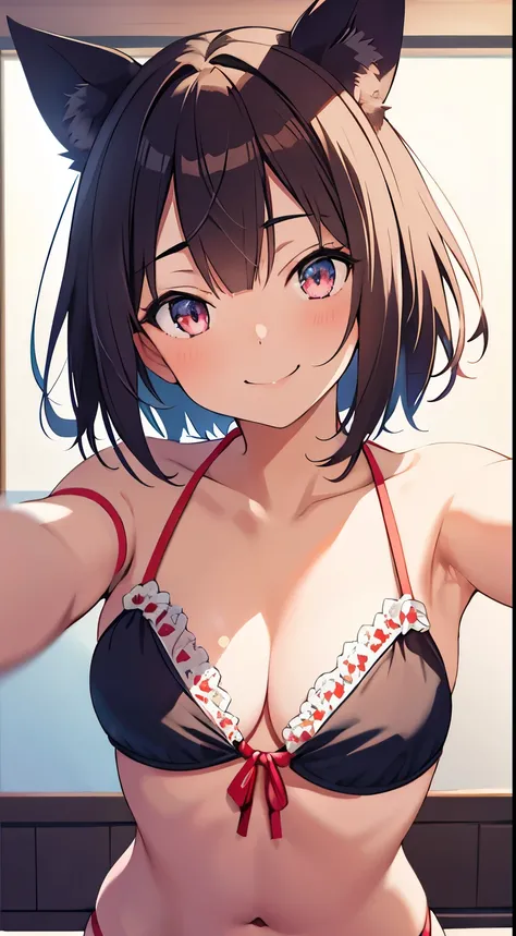 Best Quality, masutepiece, (hiten1:0.7), 1girl in, Selfie, (close-up), Face Focus, reflection, Detailed eyes, Head tilt, (claw pose), Naughty smile, 鎖骨, bikini top only, medium breasts, cleavage