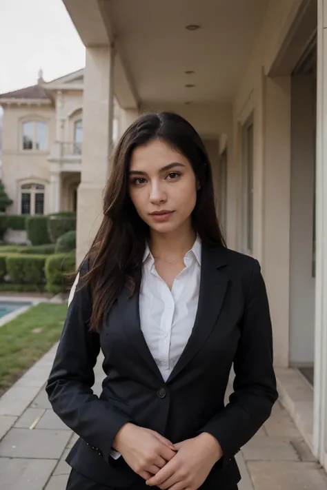 Avatar of a woman dressed in business clothes in front of a mansion, mulher de frente