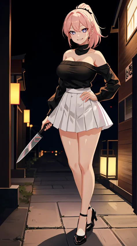 ((hair in a ponytail)), city background, japan, pagoda, lights, ((white skirt)) ((tears)), ((night time)), ((dark room)), ((smug grin)), mouth closed, , 1girl, pink hair, smug smile, white skin, large breasts, black teardrops, ((wearing a black sweater)), ...