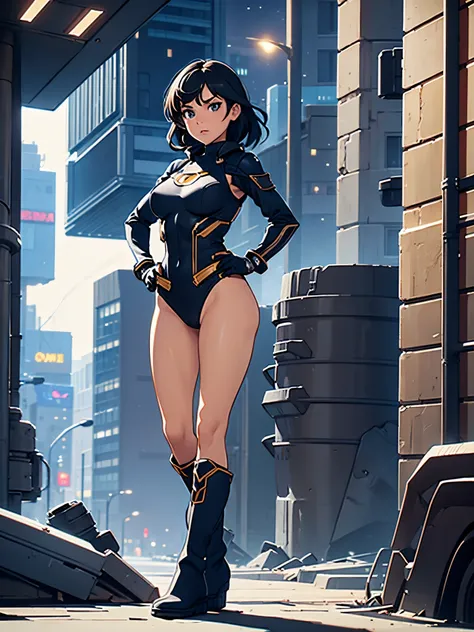 1girl, medium breasts, leotard, bare legs, tight belt, boots, matching boots, gloves, city backdrop, solo, single, hands on hip, standing, full body shot, cowboy shot, superhero, beautiful detailed eyes, mature lady, star symbol on chest, black hair, perfe...