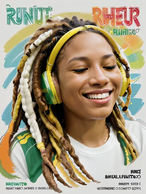 ((fundo branco panfleto resumo)), (reggae flyer illustration), Brazilian woman with dreads listening to music with headphones and eyes closed smiling, cores vibrantes, realista, detalhes nas cores do reggae, vermelho, amarelo, verde, portanto