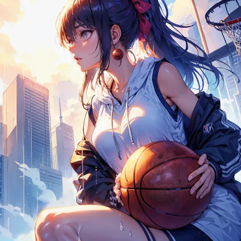 (Best Quality, masutepiece),ultra detailed photographic,1girl in, female basketball athlete ,Large breasts,nice legs,At the basketball venue,Detailed beautiful face,Beautiful eyes,detailed hairs,detailed  clothes,Detailed realistic skin,Cool,Dynamic Angle,