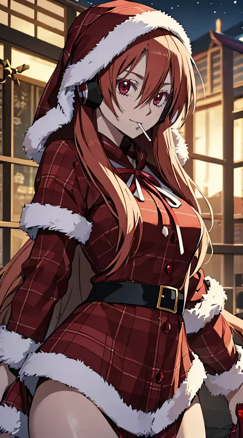 Chelsea de akame ga kill, cinta, La mejor calidad, alta calidad, Mirando al espectador, 1 mujer, Manos perfectas, 23 years old woman, ojos rojos, Obra maestra, Vestido de Navidad (santa claus) con capucha que cubre la cabeza, Cabello largo , solo, piruleta...