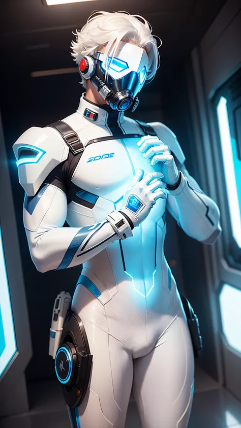 body suit, white and blue suit, futuristic suit, white gauntlets, white gloves, white hands, skin tight bodysuit, toned male, teenager, young male, futuristic gas mask and vizor, bodysuit, futuristic, sci fi, hands seen, hair visible, solo male, full body ...