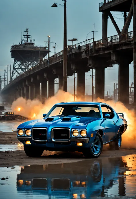 In the dim light of dawn, a 1971 blue Pontiac GTO Judge2 speeds through the deserted docks, its driver using the powerful muscle cars agility to outwit and outrun a heavily armed convoy determined to bring him down in this extreme action scene, in the styl...