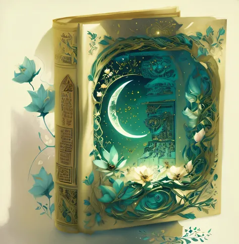 there is a book with a picture of a moon and flowers, livro de fantasia, detailed book illustration, A Arte dos Livros, storybook art, livro de fantasia illustration, magic book, fantasia. intrincado, Directed by: Maria Bashkirtseff, inspired Directed by: ...