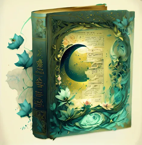 there is a book with a picture of a moon and flowers, livro de fantasia, detailed book illustration, A Arte dos Livros, storybook art, livro de fantasia illustration, magic book, fantasia. intrincado, Directed by: Maria Bashkirtseff, inspired Directed by: ...