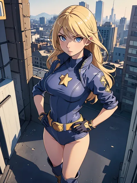 1girl, medium breasts, leotard, bare legs, tight belt, boots, matching boots, gloves, city backdrop, solo, single, hands on hip, standing, full body shot, cowboy shot, superhero, beautiful detailed eyes, mature lady, star symbol on chest, blonde hair