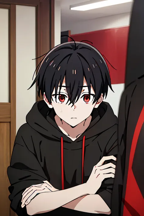 1boy, black hair, red eyes, ahoge, cowlick, hort haircut, messy bangs, black hoodie, skinny, pale skin, long eyelashes