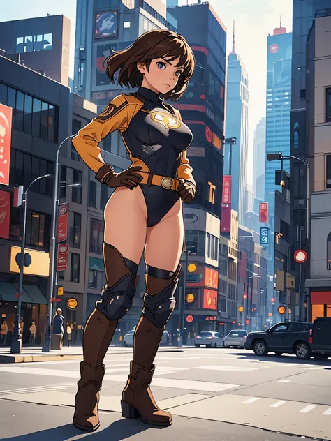 1girl, medium breasts, leotard, bare legs, tight belt, boots, matching boots, gloves, city backdrop, solo, single, hands on hip, standing, full body shot, cowboy shot, superhero, beautiful detailed eyes, mature lady, star symbol on chest, brown hair, high ...