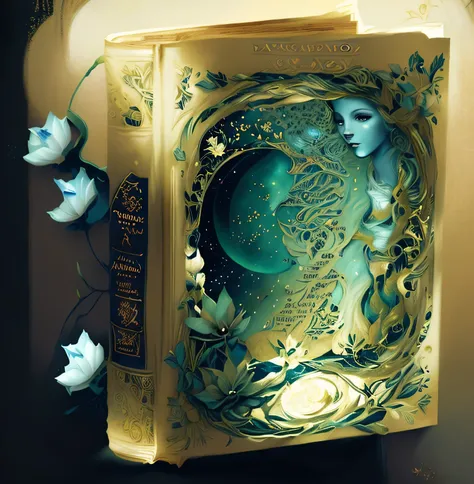 there is a book with a picture of a moon and flowers, livro de fantasia, detailed book illustration, A Arte dos Livros, storybook art, livro de fantasia illustration, magic book, fantasia. intrincado, Directed by: Maria Bashkirtseff, inspired Directed by: ...