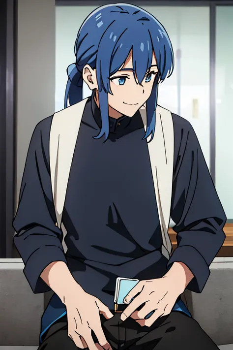 male, boy ,man, long ponytail, bangs, blue hair, blue eyes, smile, black long sleeves shirt,